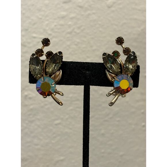 Vintage Clip On Earrings Aurora Borealis Crystals Riveted - Picture 2 of 6